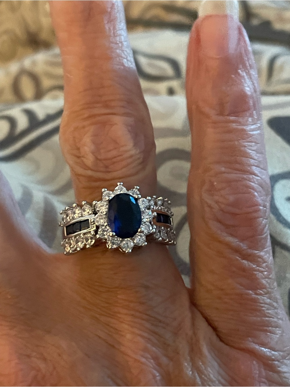 Silver-Tone Sapphire Halo Statement Ring - Blue size 6